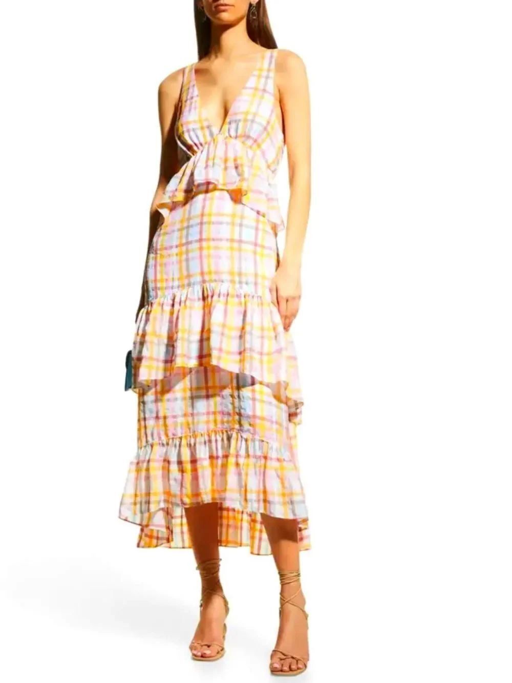 NWTs Cinq à Sept Tiered Ruffle Trim Plaid Astor Dress Size 14